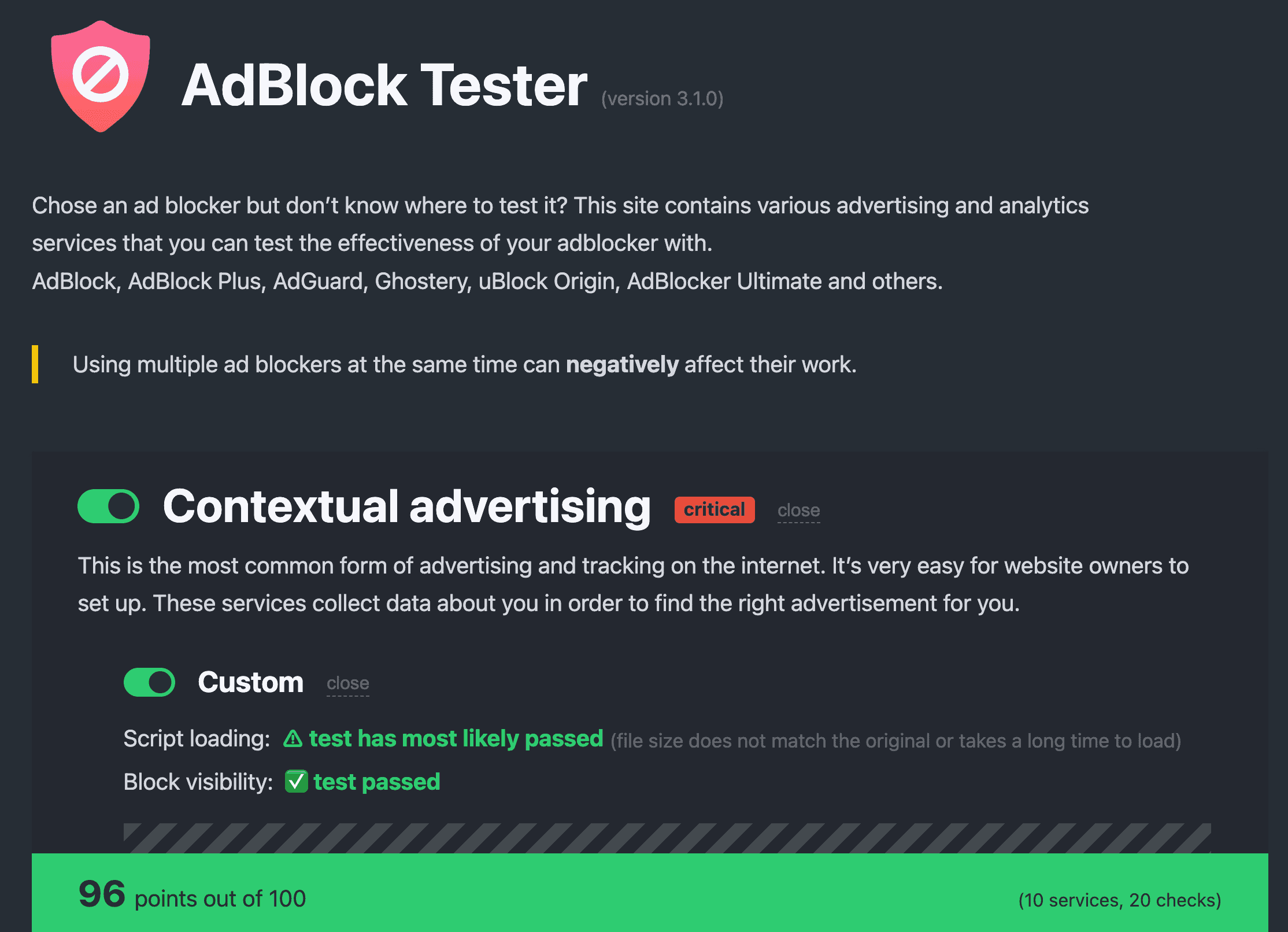 AdBlock Tester 开启路由器 AdGuard Home + 浏览器 uBlock Origin 得分 96