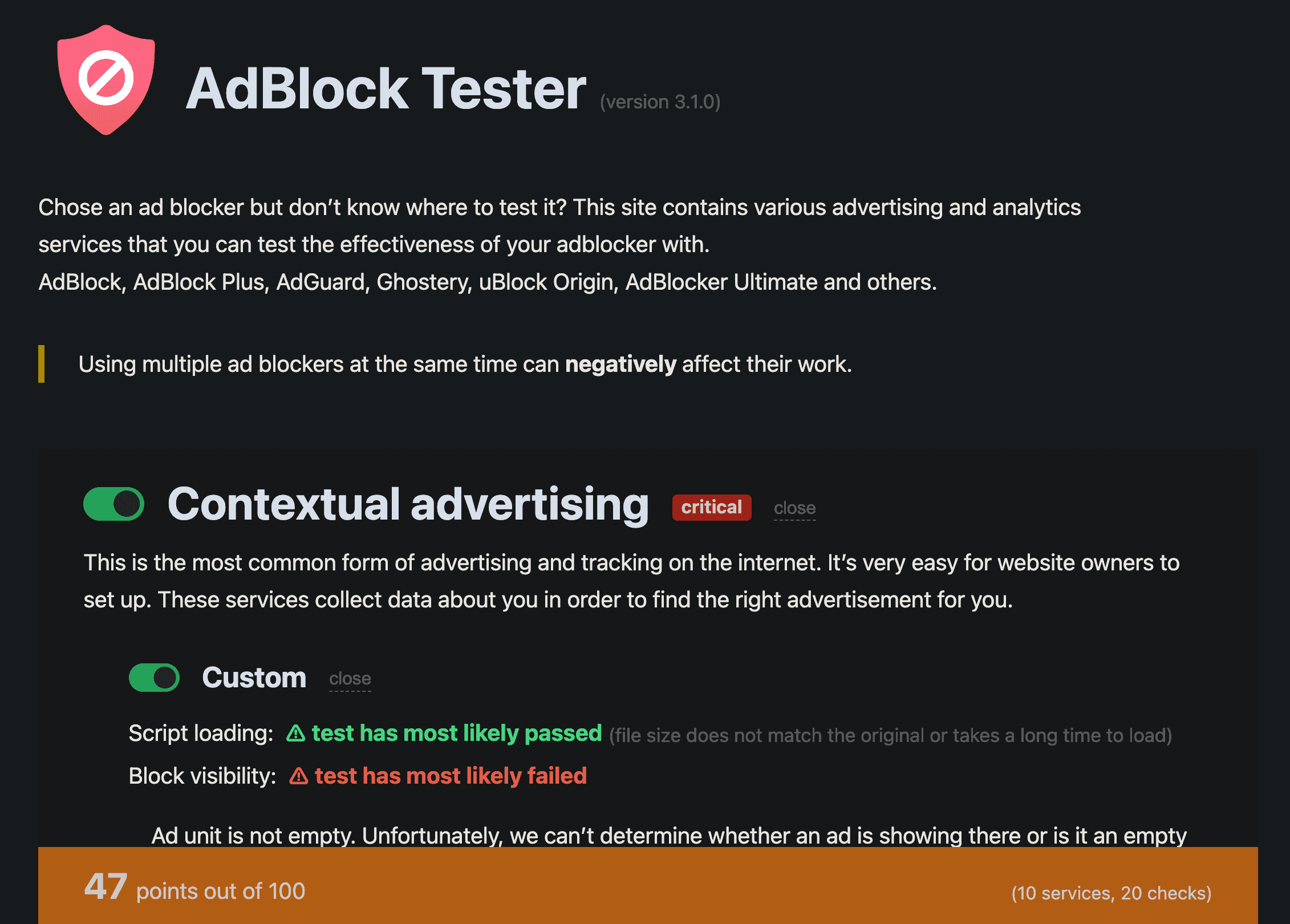 AdBlock Tester 仅开启路由器 AdGuard Home 得分 47